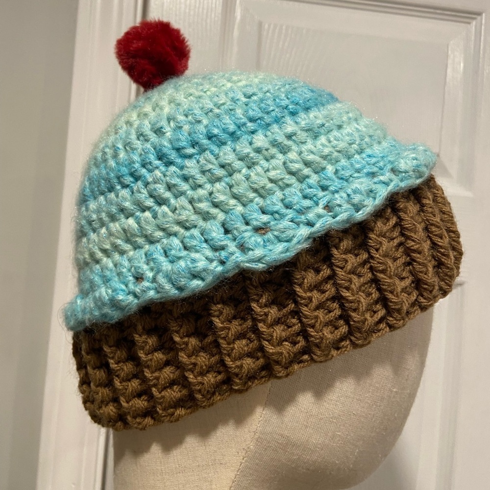 Handmade Crochet Blueberry Chocolate Cupcake Beanie Winter Hat Cozy Comfy Warm
